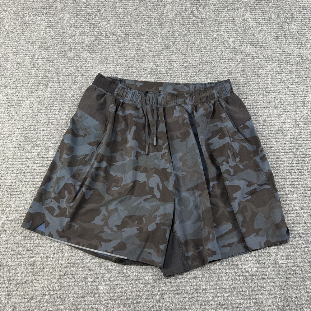 Lululemon Shorts Mens Medium Black Gray Camo Lined Running Training Drawstring